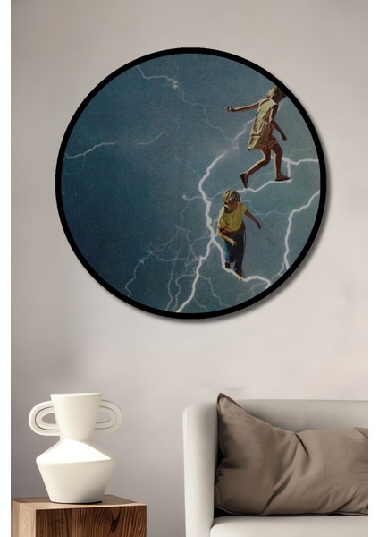 Çocuklar ve Şimşekler Yağlı Boya Görünümlü Dekoratif Ahşap Tablo Yuvarlak Tablo fiyatları