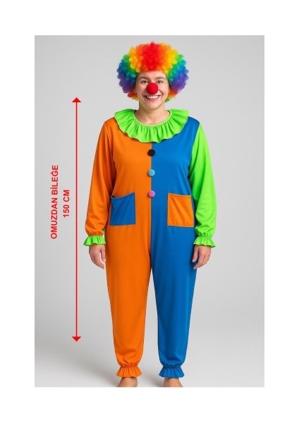 Palyaço Kostüm Seti 150 cm (Peruk + Burun + Kostüm)