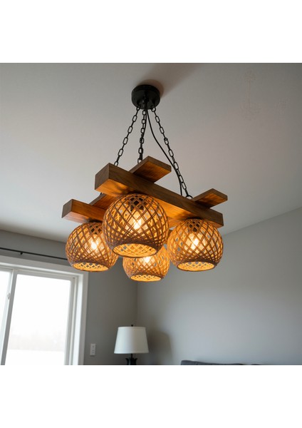 Rustik Avize El Yapımı 4’lü Kare Masif Ahşap Hasır Örgü Başlıklı – Salon, Mutfak ve Oturma Odası Için Bohem Çiftlik Evi Tarzı Zincirli Sarkıt Tavan Lambası (40X40 Cm)