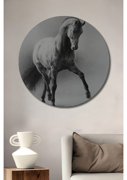 Asil At Kara Kalem Görünümlü Ahşap Dekoratif Tablo Yuvarlak Tablo