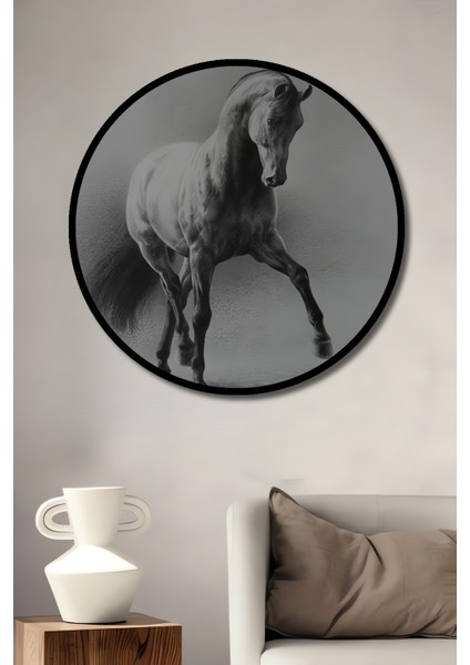 Asil At Kara Kalem Görünümlü Ahşap Dekoratif Tablo Yuvarlak Tablo fiyatları