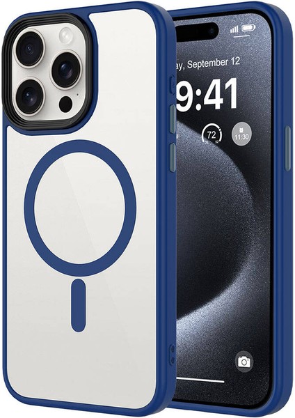 Apple iPhone 15 Pro Max Kılıf Mat Arka Yüzey Wireless Şarj Özellikli Spıa Flet Magsafe Kapak-Midnight