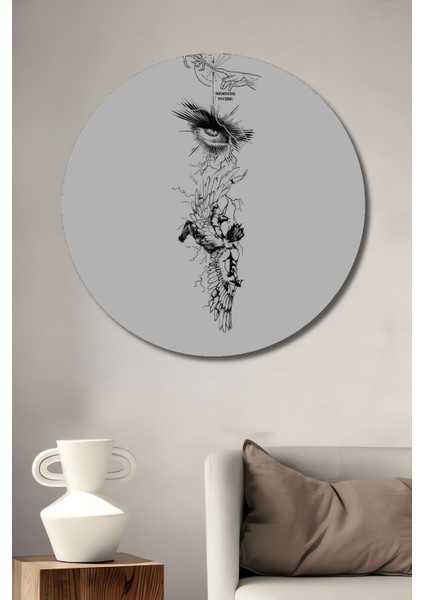 Siyah Beyaz Kara Kalem Görünümlü Modern Sanat Ahşap Tablo Uzaydan Insanlığa Bakış Yuvarlak Tablo