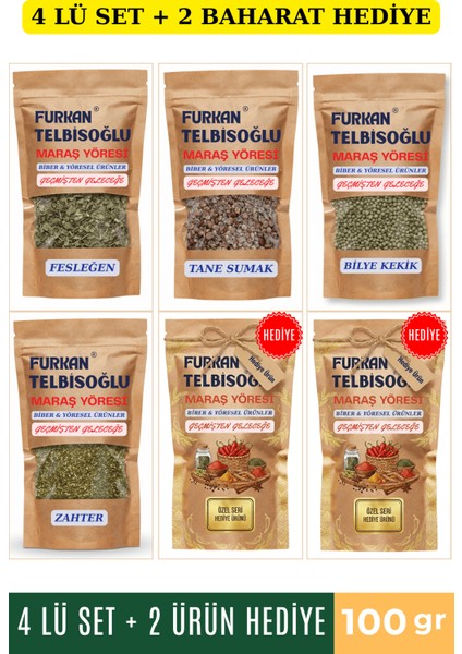Organik Zahter 100GR + Fesleğen 100GR + Bilye Kekik 100GR + Tane Sumak 100GR + 2 Baharat Hediye