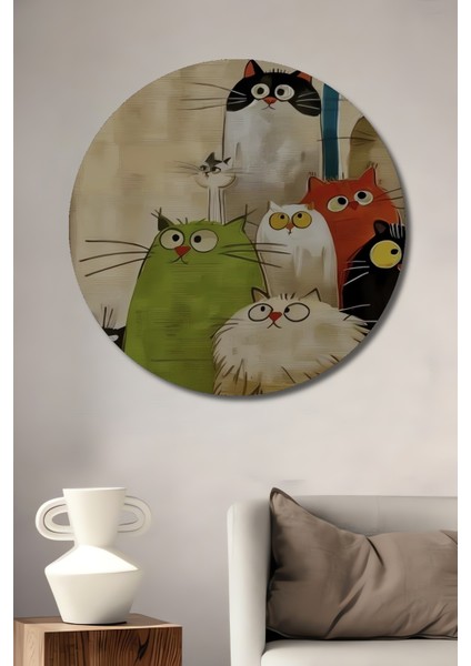 Şirin Kediler Yağlı Boya Görünümlü Ahşap Dekoratif Tablo Yuvarlak Tablo