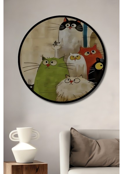 Şirin Kediler Yağlı Boya Görünümlü Ahşap Dekoratif Tablo Yuvarlak Tablo fiyatları