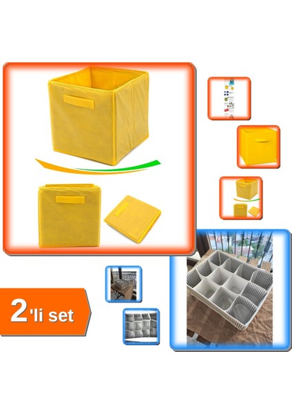 12 Bölmeli Pratik Çekmece Düzenleyici + Çok Amaçlı Dolap Içi Düzenleyici Kutu - Sarı 4H2Y8