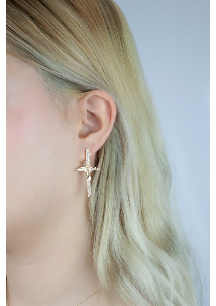 Melek Kanat Figürlü Zirkon Taşlı Gold Küpe