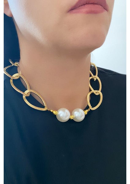 Kalın Zincir Inci Detay Kolye