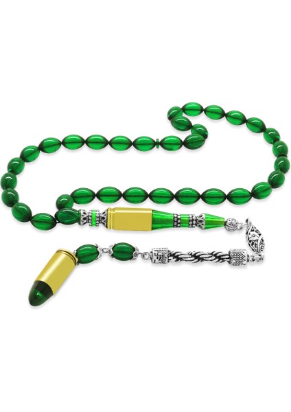 Kararmaz Metal Halat Püsküllü Kurşun Nakkaş Imameli Arpa Kesim Yeşil Ateş Kehribar Tesbih