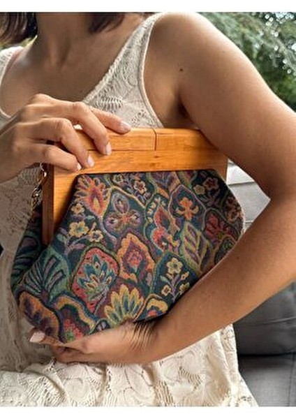 Penalope Collection - Zincirli, Ahşap Burslu Kumaş Çanta, Clutch, El Çantası, Çanta