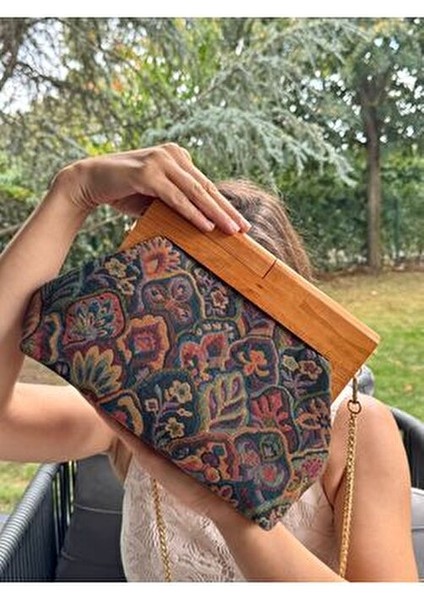 Penalope Collection - Zincirli, Ahşap Burslu Kumaş Çanta, Clutch, El Çantası, Çanta fiyatları