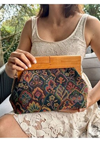 Penalope Collection - Zincirli, Ahşap Burslu Kumaş Çanta, Clutch, El Çantası, Çanta modelleri