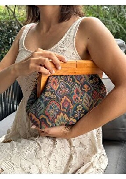 Penalope Collection - Zincirli, Ahşap Burslu Kumaş Çanta, Clutch, El Çantası, Çanta fırsatları