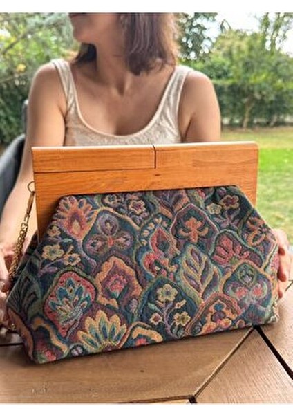Penalope Collection - Zincirli, Ahşap Burslu Kumaş Çanta, Clutch, El Çantası, Çanta indirimleri