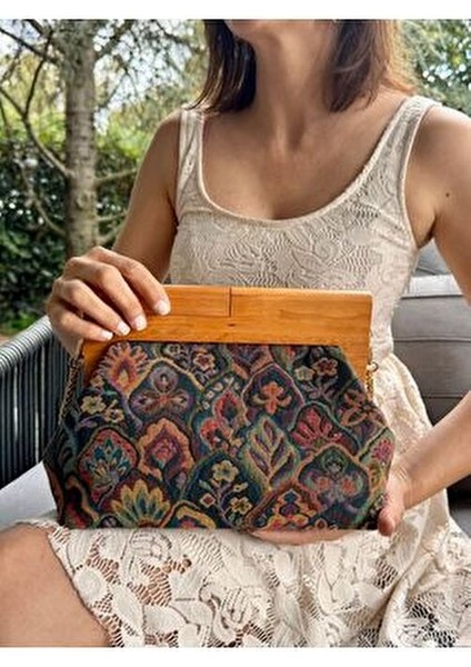 Penalope Collection - Zincirli, Ahşap Burslu Kumaş Çanta, Clutch, El Çantası, Çanta