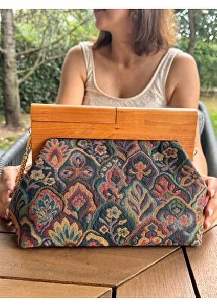 Penalope Collection - Zincirli, Ahşap Burslu Kumaş Çanta, Clutch, El Çantası, Çanta