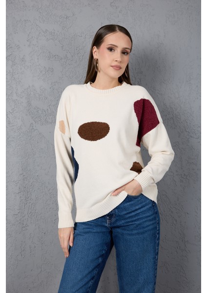 Kadın Beyaz Şönil Kadife Renk Bloklu Bisiklet Yaka Triko Kazak