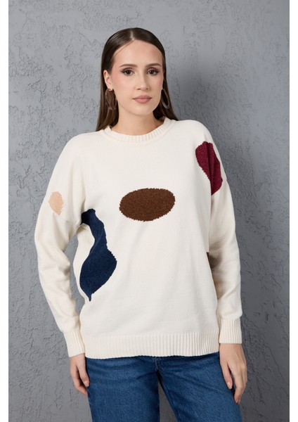 Kadın Beyaz Şönil Kadife Renk Bloklu Bisiklet Yaka Triko Kazak fiyatları