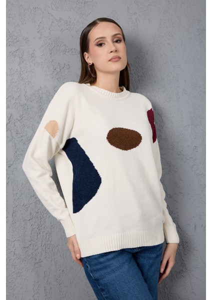 Kadın Beyaz Şönil Kadife Renk Bloklu Bisiklet Yaka Triko Kazak modelleri