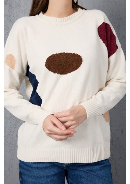 Kadın Beyaz Şönil Kadife Renk Bloklu Bisiklet Yaka Triko Kazak indirimleri