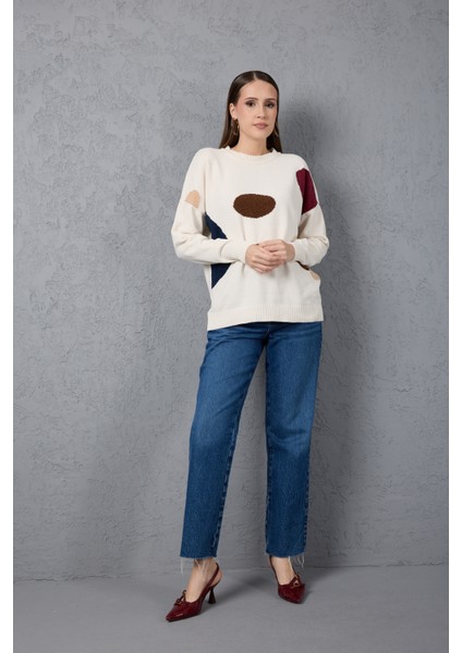 Kadın Beyaz Şönil Kadife Renk Bloklu Bisiklet Yaka Triko Kazak