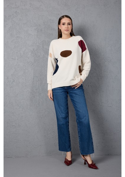 Kadın Beyaz Şönil Kadife Renk Bloklu Bisiklet Yaka Triko Kazak