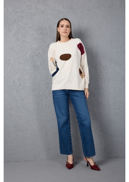 Kadın Beyaz Şönil Kadife Renk Bloklu Bisiklet Yaka Triko Kazak