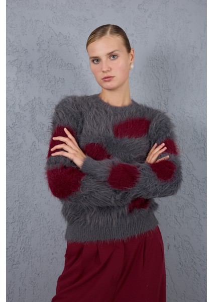 Füme-Bordo Sakal Iplik Desenli Bisiklet Yaka Triko Kazak