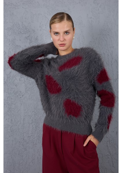 Füme-Bordo Sakal Iplik Desenli Bisiklet Yaka Triko Kazak modelleri