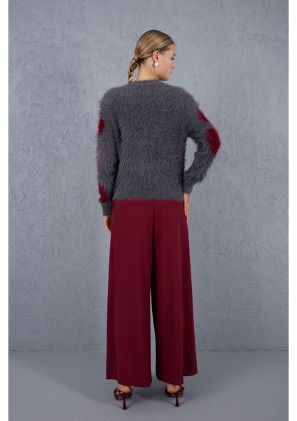 Füme-Bordo Sakal Iplik Desenli Bisiklet Yaka Triko Kazak