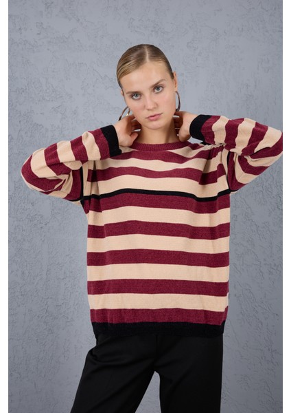 Kadın Bordo-Krem Çizgili Şönil Kadife Bisiklet Yaka Omuzda Düğme Detaylı Triko Kazak fiyatları