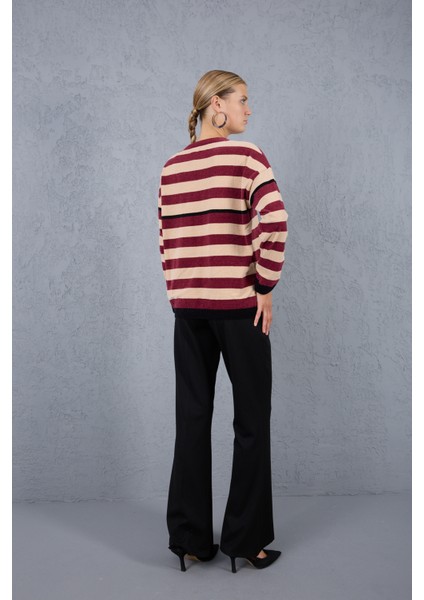 Kadın Bordo-Krem Çizgili Şönil Kadife Bisiklet Yaka Omuzda Düğme Detaylı Triko Kazak