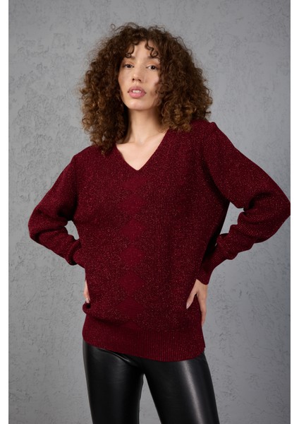 Kadın Bordo Simli Selanik Örgü Baklava Desenli Geniş Manşetli V Yaka Triko Kazak