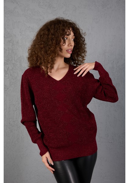 Kadın Bordo Simli Selanik Örgü Baklava Desenli Geniş Manşetli V Yaka Triko Kazak fiyatları