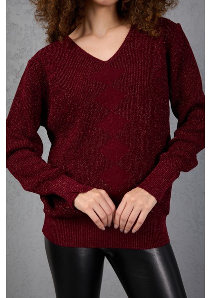 Kadın Bordo Simli Selanik Örgü Baklava Desenli Geniş Manşetli V Yaka Triko Kazak modelleri