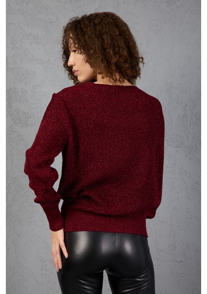 Kadın Bordo Simli Selanik Örgü Baklava Desenli Geniş Manşetli V Yaka Triko Kazak indirimleri