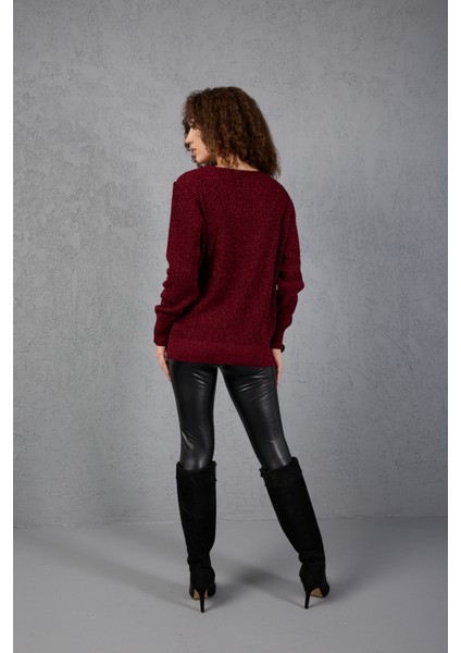 Kadın Bordo Simli Selanik Örgü Baklava Desenli Geniş Manşetli V Yaka Triko Kazak