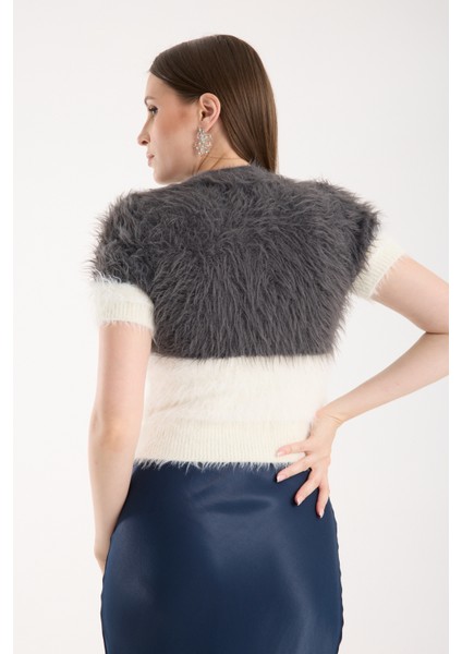 Kadın Füme-Ekru Sakal Iplik Iki Renkli Kısa Kollu Bisiklet Yaka Triko Kazak