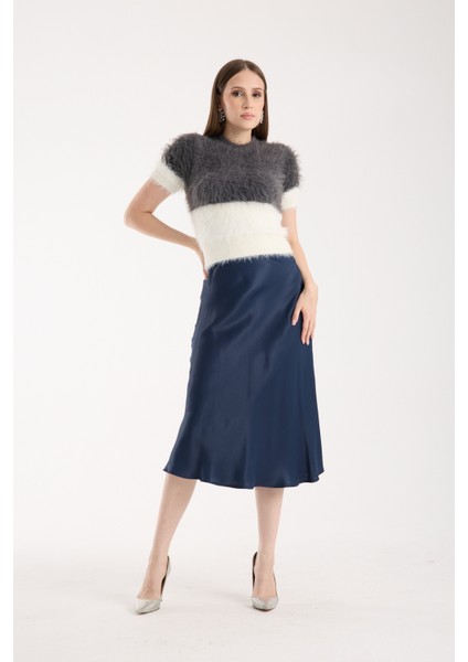 Kadın Füme-Ekru Sakal Iplik Iki Renkli Kısa Kollu Bisiklet Yaka Triko Kazak