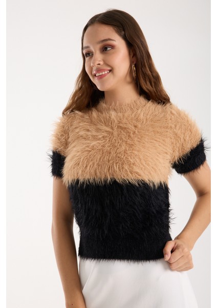 Kadın Bej-Siyah Sakal Iplik Iki Renkli Kısa Kollu Bisiklet Yaka Triko Kazak fiyatları