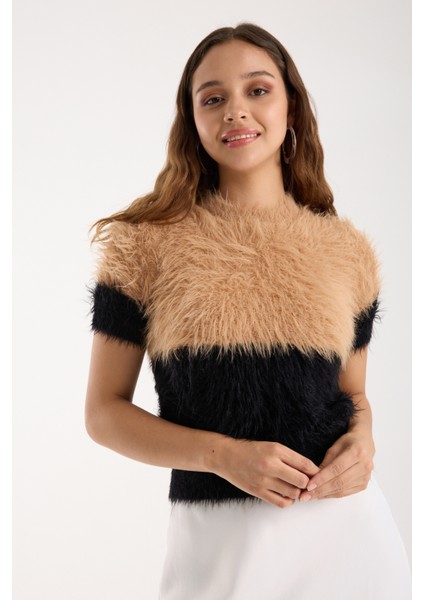 Kadın Bej-Siyah Sakal Iplik Iki Renkli Kısa Kollu Bisiklet Yaka Triko Kazak fırsatları