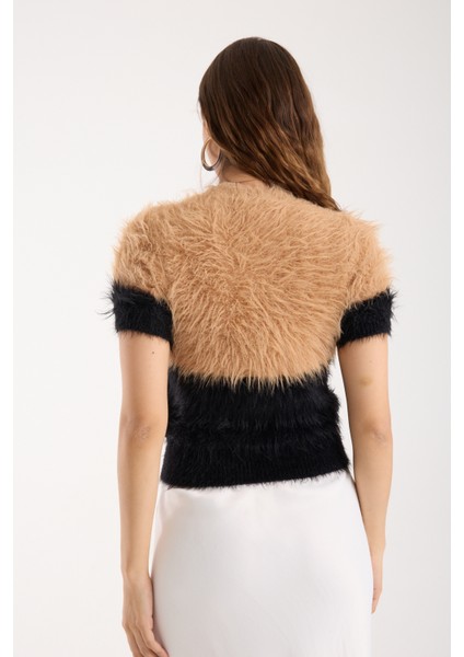 Kadın Bej-Siyah Sakal Iplik Iki Renkli Kısa Kollu Bisiklet Yaka Triko Kazak indirimleri