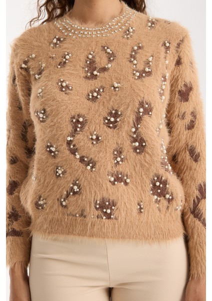 Kadın Bej Sakal Iplik Taş ve Inci Detaylı Bisiklet Yaka Triko Kazak modelleri