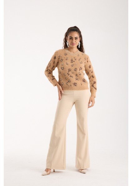 Kadın Bej Sakal Iplik Taş ve Inci Detaylı Bisiklet Yaka Triko Kazak