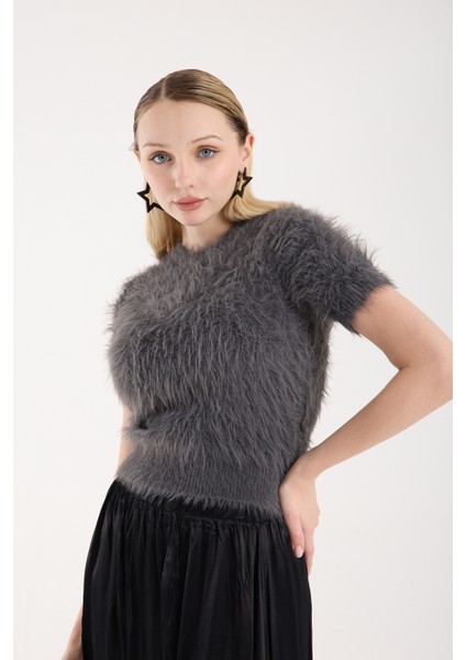 Kadın Füme Sakal Iplik Kısa Kollu Bisiklet Yaka Triko Kazak modelleri