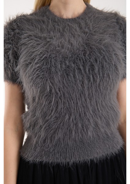 Kadın Füme Sakal Iplik Kısa Kollu Bisiklet Yaka Triko Kazak fırsatları