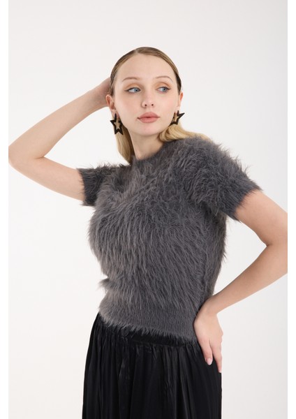 Kadın Füme Sakal Iplik Kısa Kollu Bisiklet Yaka Triko Kazak indirimleri