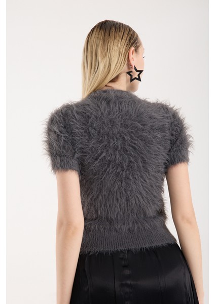 Kadın Füme Sakal Iplik Kısa Kollu Bisiklet Yaka Triko Kazak