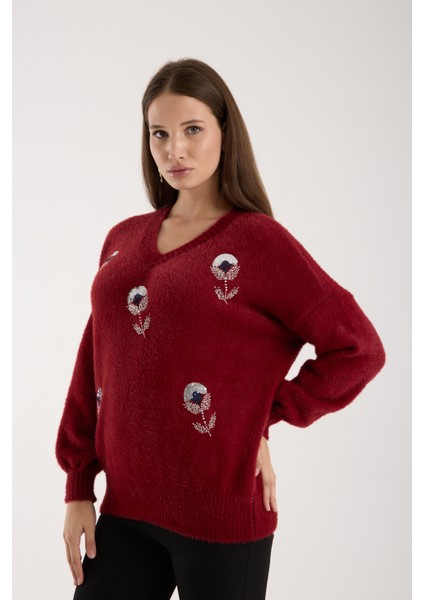 Kadın Bordo Sakal Iplik Balon Kollu Boncuk Nakışlı V Yaka Triko Kazak fiyatları